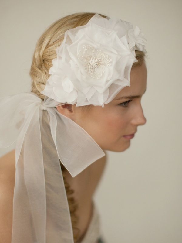 Handmade Ivory Silk Flower Bridal Headband With Wide Sheer Ribbon