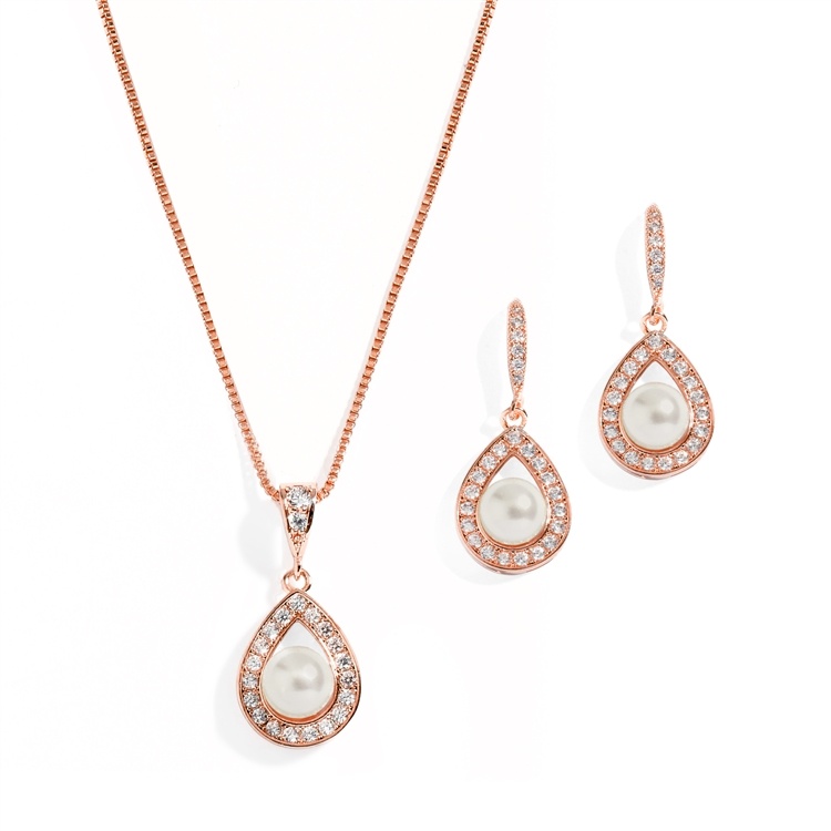 Rose Gold Necklace & Earrings Set With Cz Framed Pearl