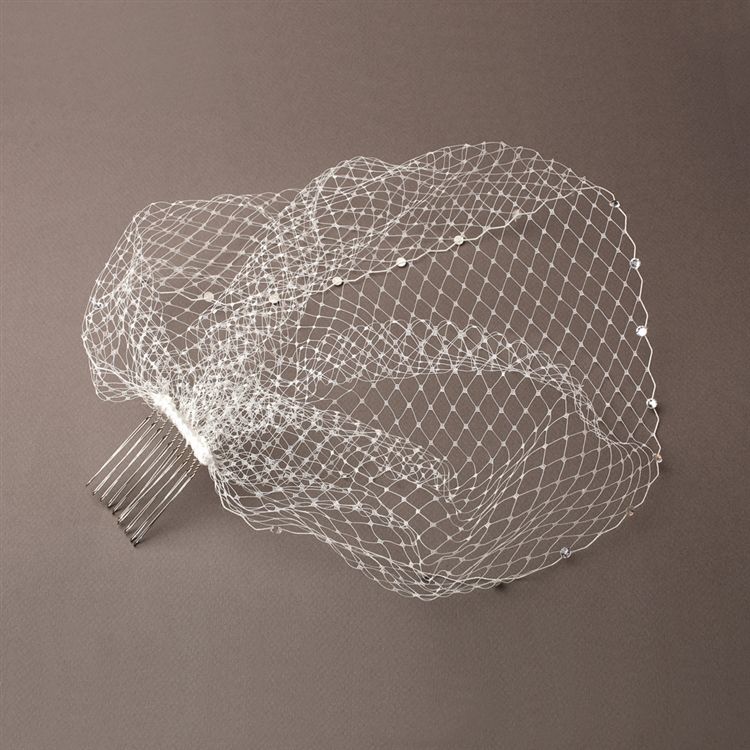 White French Net Bridal Birdcage Blusher Visor Veil With Crystals