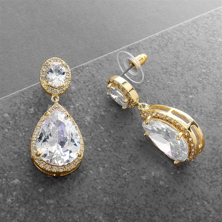 Gold Cz Pear-Shaped Drop Bridal Earrings - Pierced