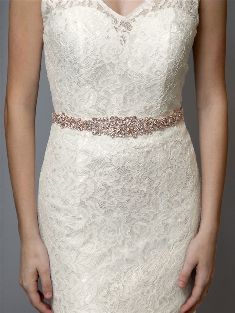 Stunning Rose Gold Bridal Belt With Extra Long 21.5" Crystal Rhinestone Motif - Ivory Ribbon