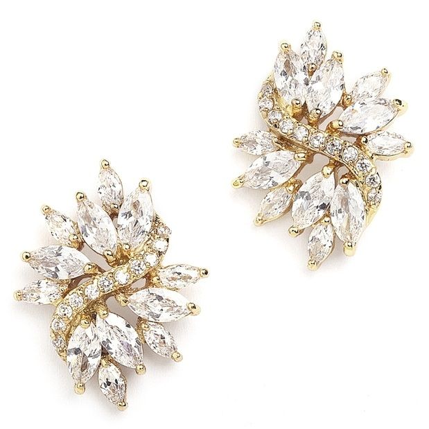 Gold Cubic Zirconia Cluster Bridal Earrings With Delicate Marquis Stones