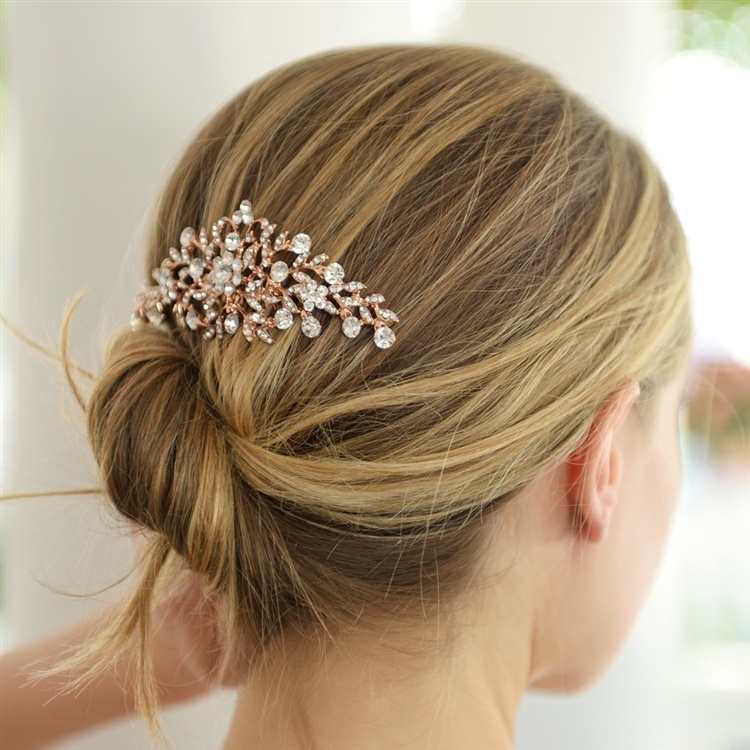 Popular Rose Gold Crystal Wedding Or Prom Comb With Shimmering Leaves
