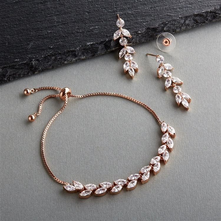 Cz Bracelet & Dangle Earrings Set In Rose Gold With Adjustable Slider Chain