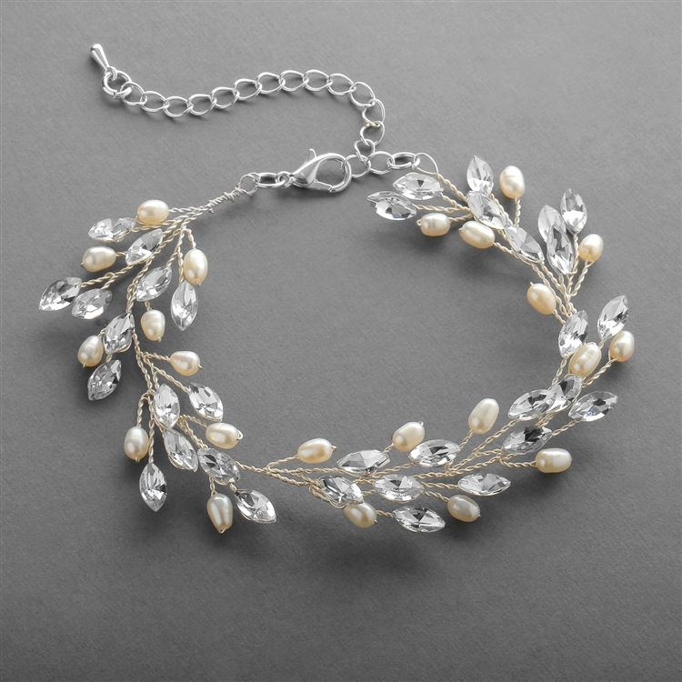 Silver Bracelet With Crystals & Freshwater Pearls, Adjustable 7" To 8 ½"