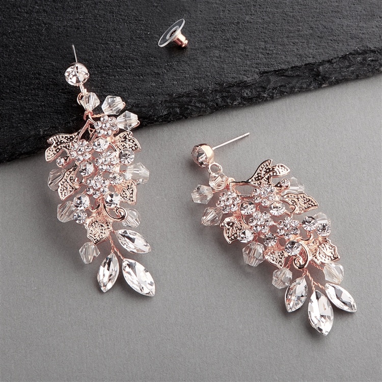 Handmade Light Rose Gold Blush Bridal Statement Earrings With Cascade Of Crystal & Flowers