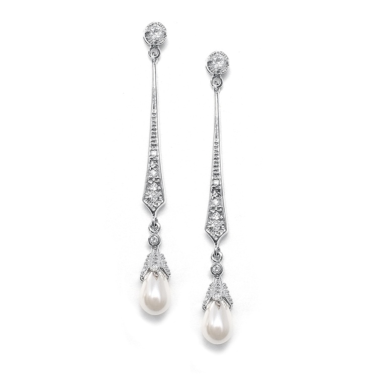 Vintage Wedding Linear Cz Dangle Earrings With Freshwater Pearls