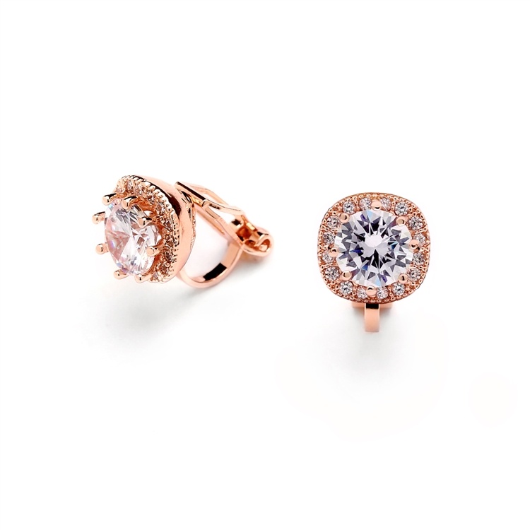 Rose Gold Cushion Shape 10Mm Halo Clip On Stud Earrings With Round Cz Solitaire
