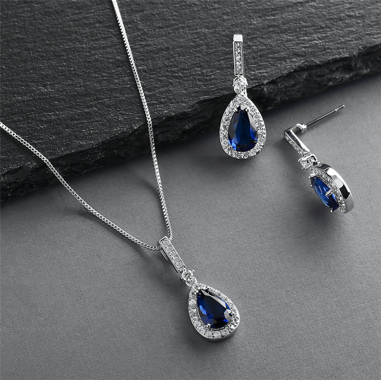 "Something Blue" Sapphire Cz Pear Shaped Necklace And Earrings Set