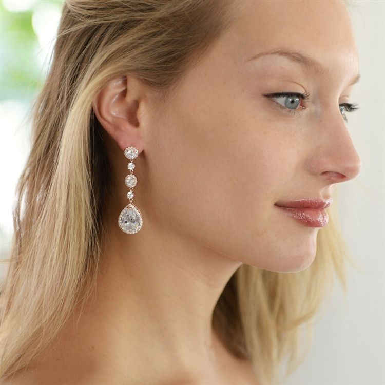 Rose Gold Pear-Shaped Drop Bridal Earrings With Pave Cz