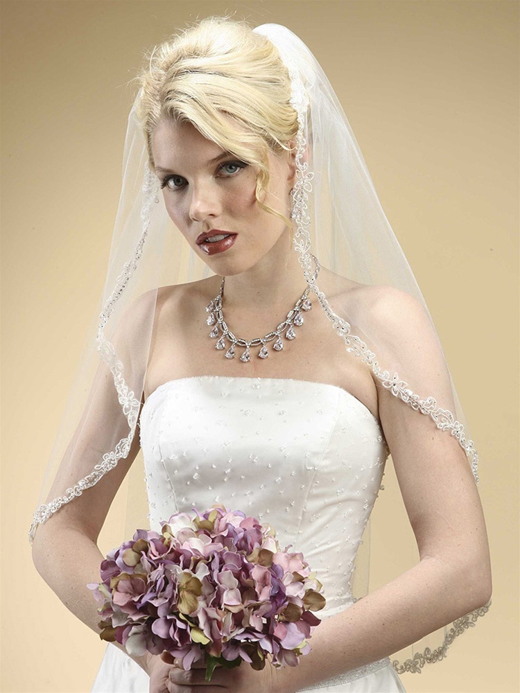 Rhinestone Edge Mantilla Wedding Veil With Floral Appliquè - White