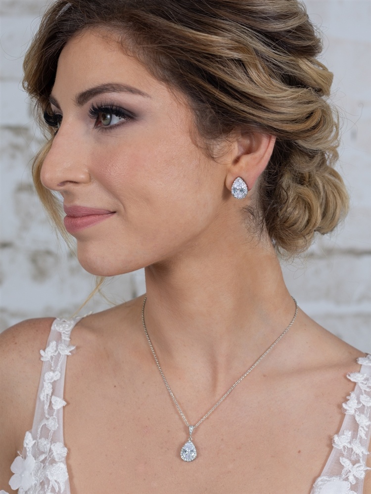 Silver Platinum Cz Pear-Shape Wedding Necklace & Earrings Jewelry Set