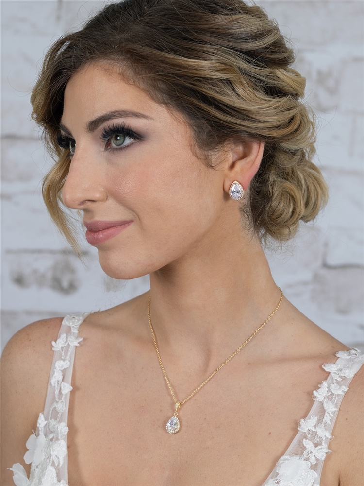 14K Gold Cz Pear-Shape Wedding Necklace & Earrings Jewelry Set