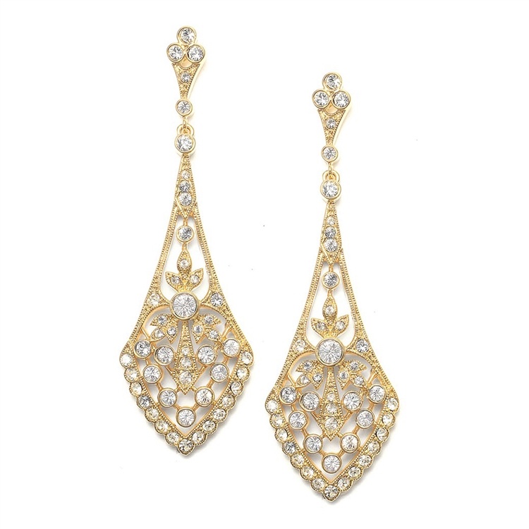 Dramatic Gold Vintage Cz Bridal Earrings
