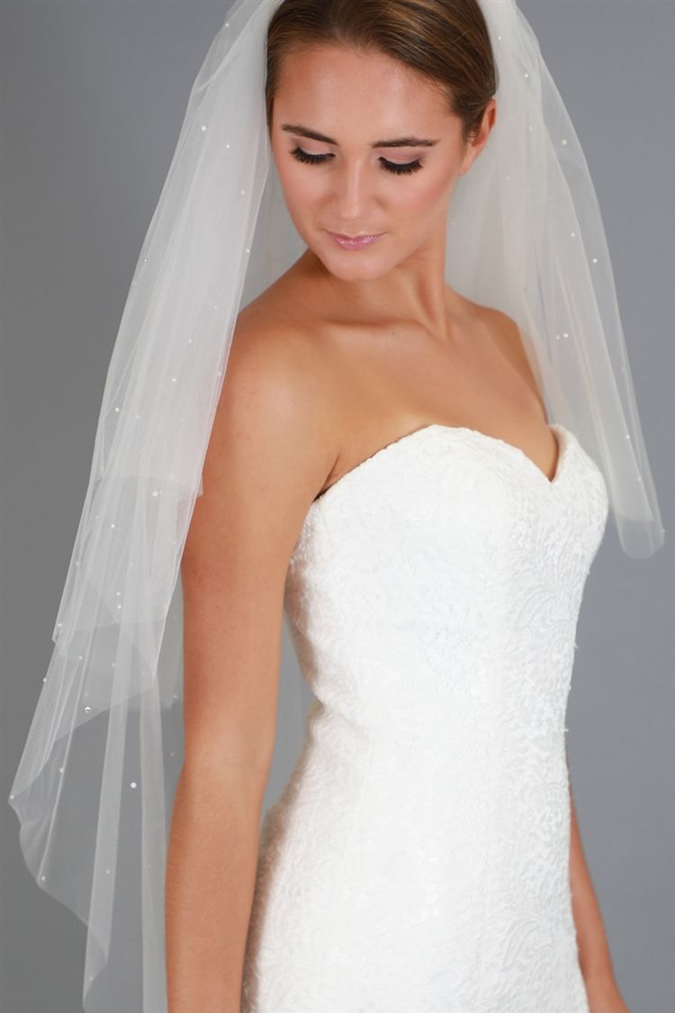 2-Tier 45" Knee Length Cut Edge Veil - Scattered Pearls & Crystals With 30" Blusher - Ivory