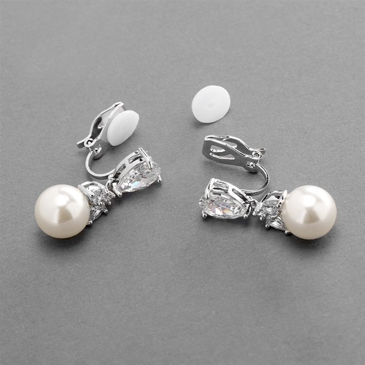 Cz Clip-On Bridal Earrings With Mixed Pears And Pearl Drops