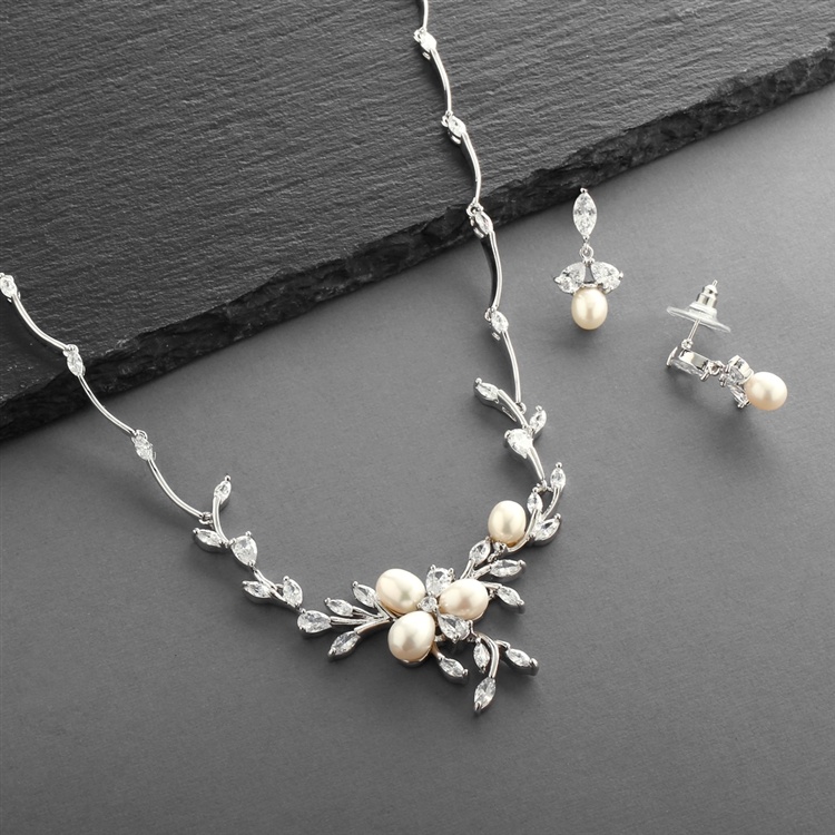Genuine Freshwater Pearls And Cz Leaves Statement Necklace And Earrings Set
