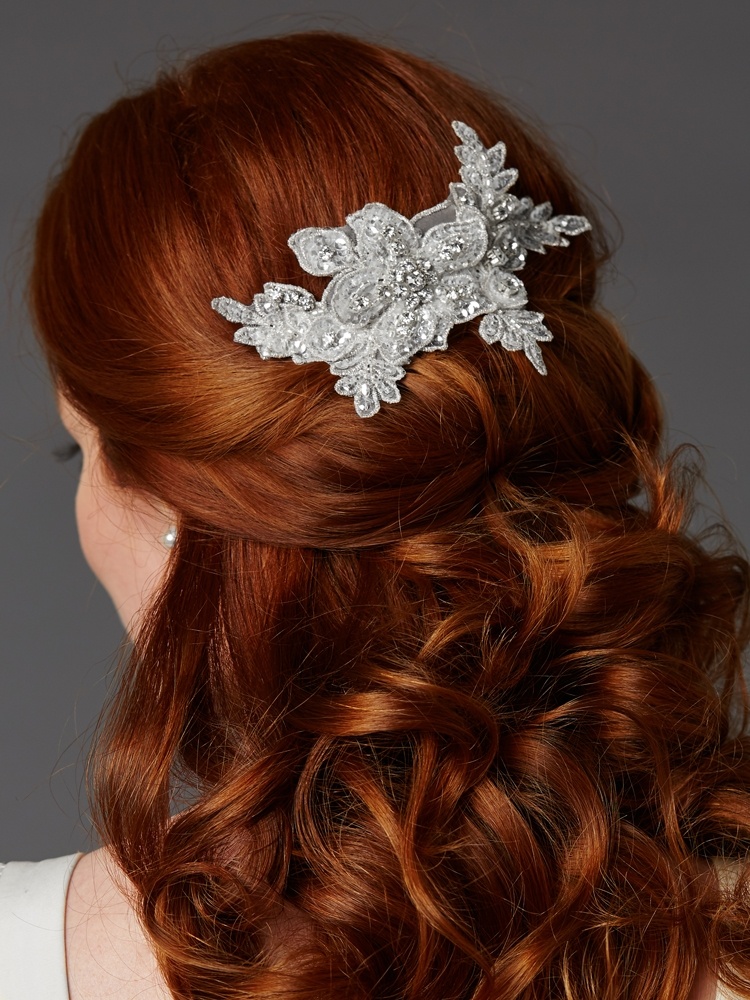 Sculptured European White Lace Bridal Comb With Crystals And Sequins