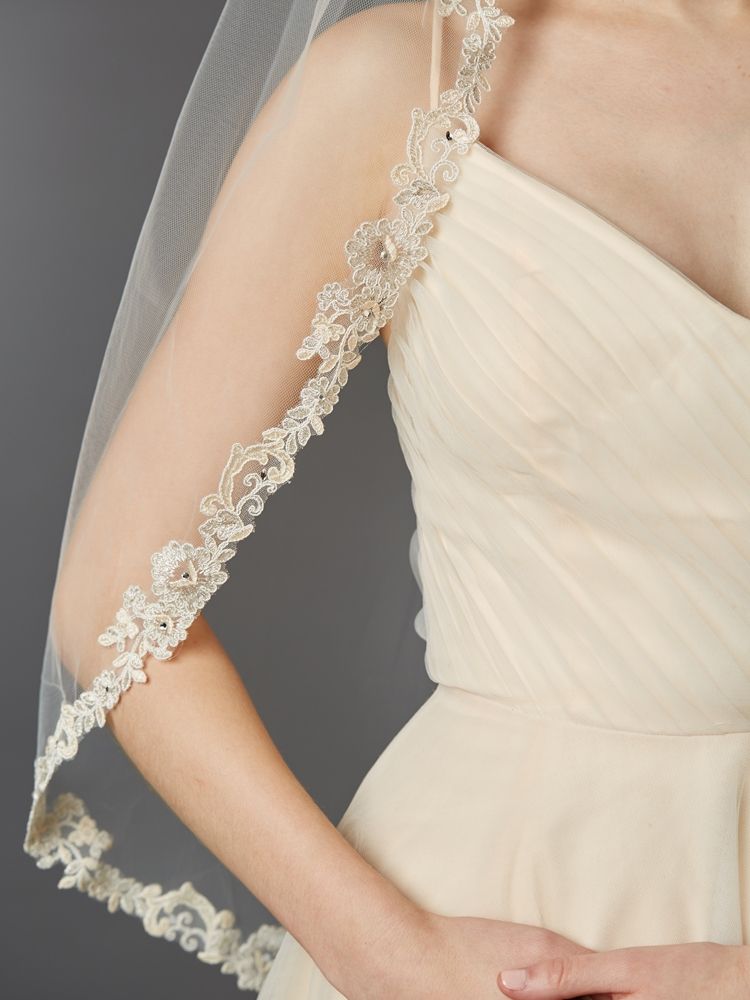 Rum Champagne Lace Edge 38" Fingertip Mantilla Style Veil With Ivory Tulle