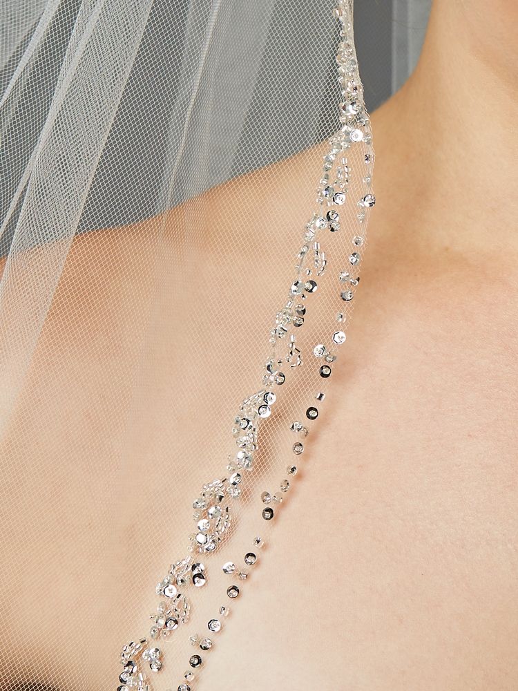Glamorous Silver Beaded Swarovski Crystal Fingertip 36" Wedding Veil