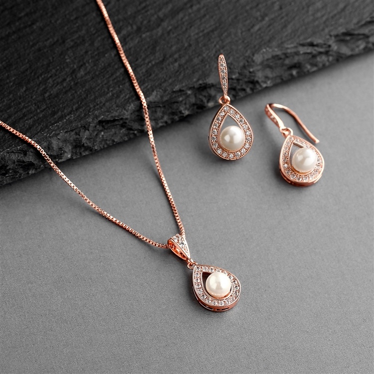 Rose Gold Necklace & Earrings Set With Cz Framed Pearl