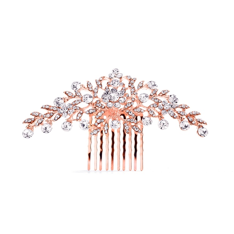 Popular Rose Gold Crystal Wedding Or Prom Comb With Shimmering Leaves