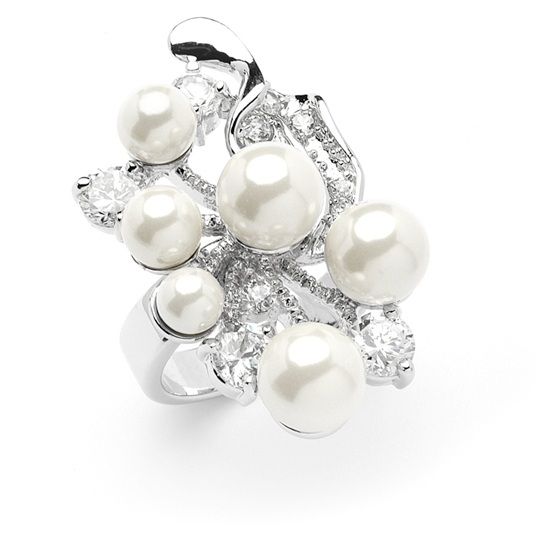 Cz Cocktail Ring With Ivory Pearl Bubbles - Size 9
