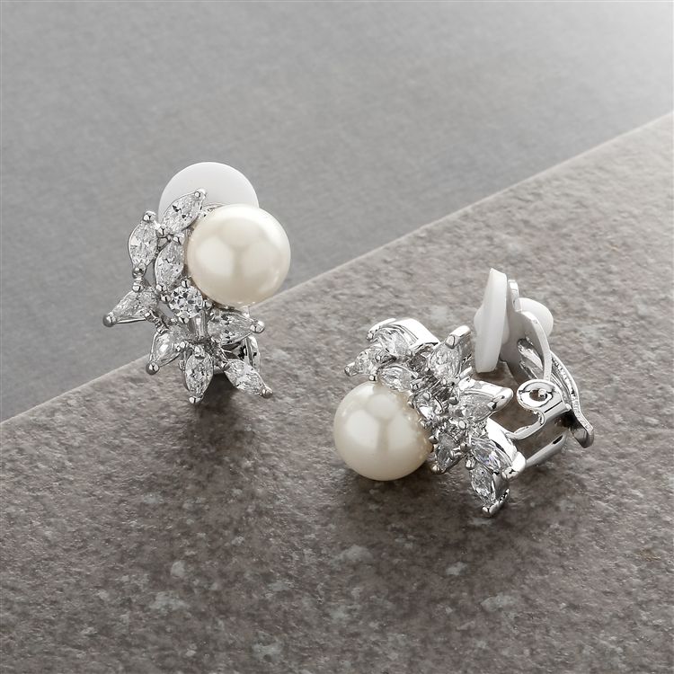 Cz Crescent Bridal Clip-On Earrings With Pearl