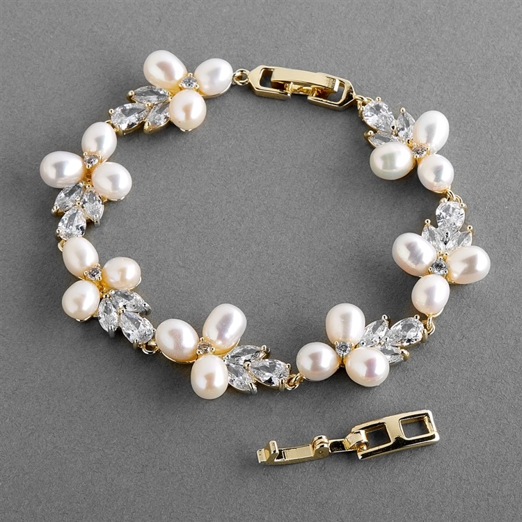 Petite Length 6 5/8" Genuine Freshwater Pearl & Cz Gold Bridal Bracelet With Extender