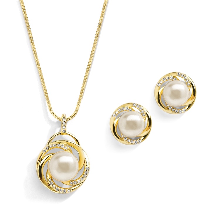 14K Gold Freshwater Pearl Necklace Set With Graceful Woven Knot Motif