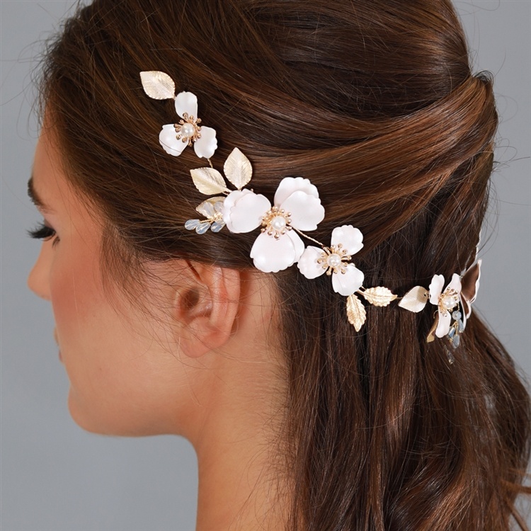 Matte Gold Bridal Hair Vine Couture Headpiece - Blush Enamel Metal Flowers & Opal Crystals