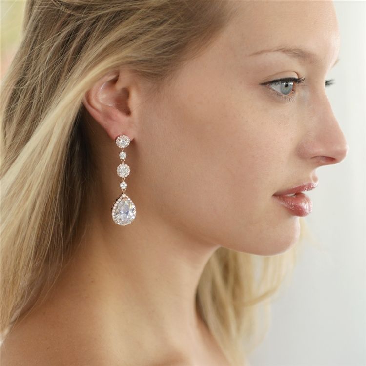Rose Gold Pear-Shaped Drop Bridal Earrings With Pave Cz