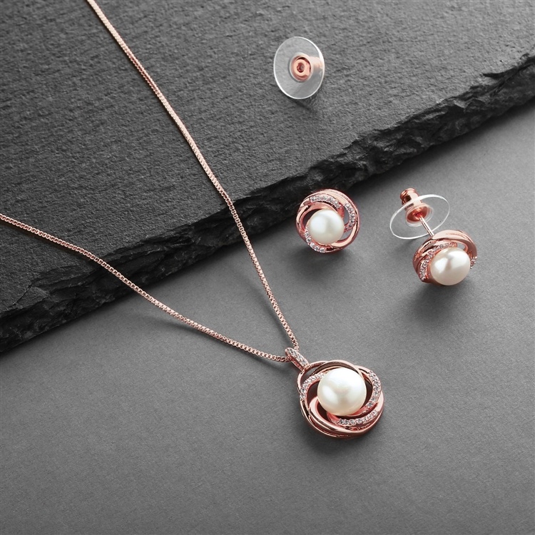 Rose Gold Freshwater Pearl Necklace Set With Graceful Woven Knot Motif