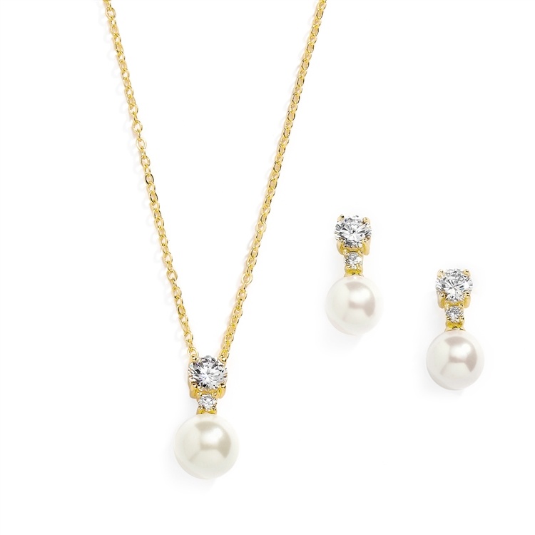 14K Gold Pearl Drop Necklace Set With Round Cz