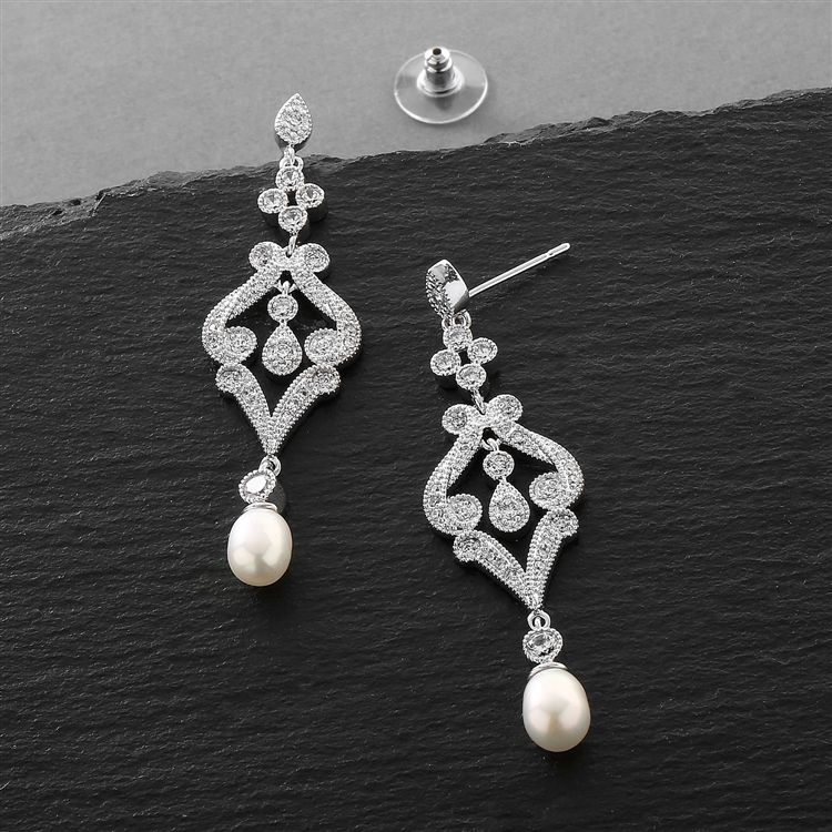 Vintage Cz Scroll Earrings With Freshwater Pearl