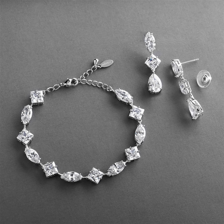Elegant Cubic Zirconia Multi-Shape Bridal Bracelet And Earrings Set In Rhodium