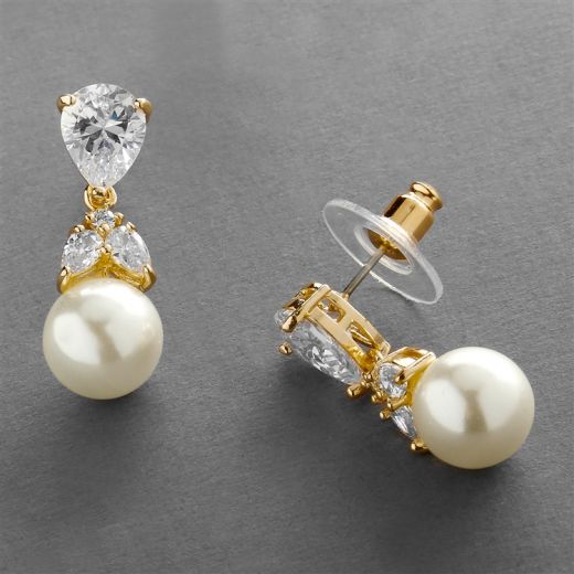 14K Gold Cz Bridal Earrings With Pears And Pearl Drops