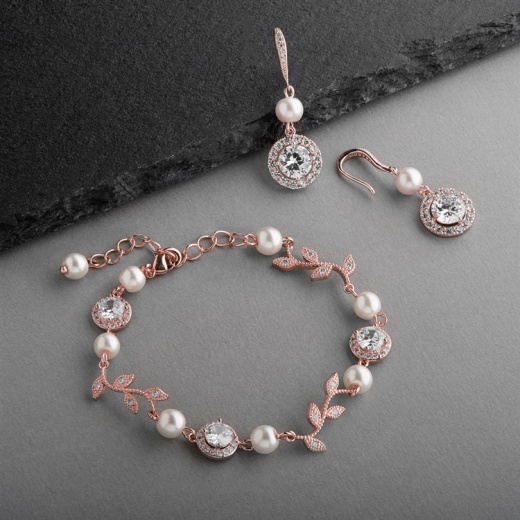 Ivory Pearl and Cubic Zirconia Bridal Bracelet and Earrings Set in Rose Gold