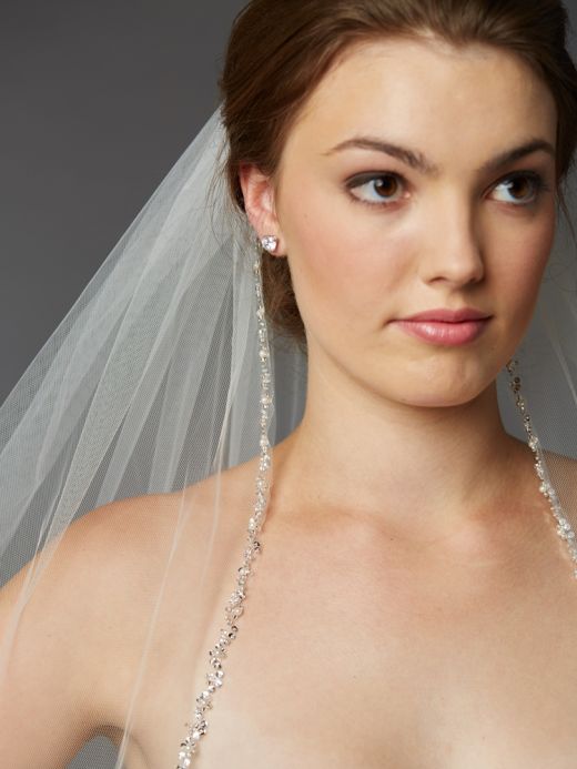 Glistening Silver Beaded Edge with Pearls 42" Long Fingertip Wedding Veil