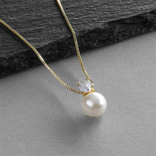 Soft Creme 10Mm Pearl & Cz Gold Solitaire Bridal Necklace Pendant