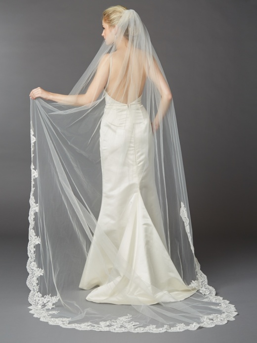 Embroidered Cathedral Lace Edge Wedding Veil with Dramatic Beaded Accent