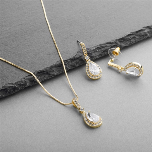 14K Gold Cz Pear-Shape Wedding Necklace & Earrings Set