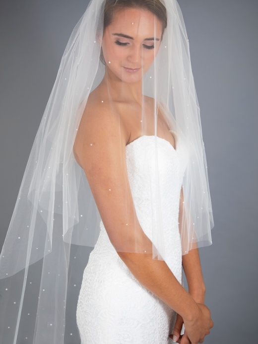 2-Tier 45" Knee Length Cut Edge Veil - Scattered Pearls & Crystals With 30" Blusher - Ivory