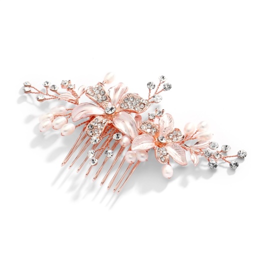 Rose Gold Floral Wedding Comb With Freshwater Pearls & Crystals
