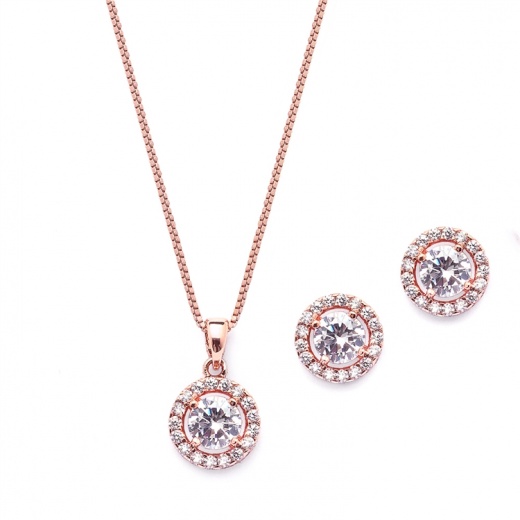 Gleaming Round Halo Cubic Zirconia Rose Gold Necklace and Stud Earrings Set
