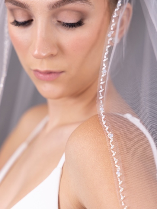 Mariell Cathedral Bridal Veil Edged with Crystals, Pearl & Bugle Beads