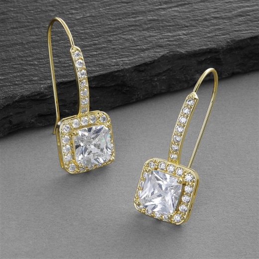 Radiant Cut Gold Cubic Zirconia Drop Bridal Or Bridesmaids Earrings