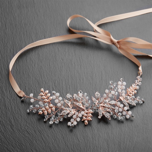 Opal & Rose Gold Bridal Side Headband Hair Vine with Crystal Leaves, Champagne Blush Ribbon