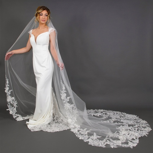 Lace Royal Cathedral Wedding Veil with Heavy Rhinestone Scatter Cf250