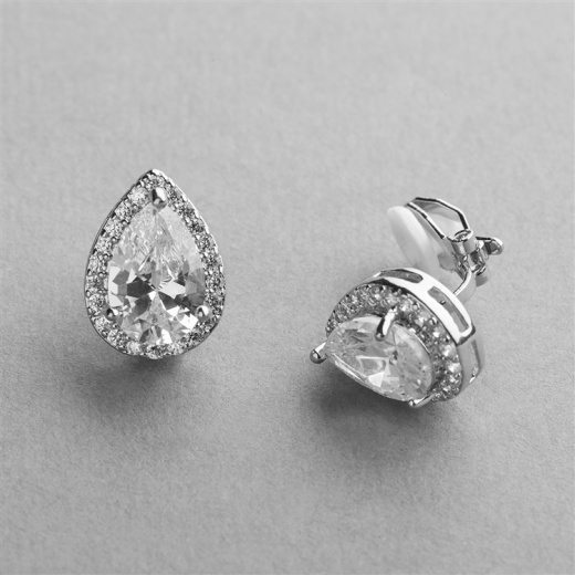 Silver Platinum Cz Pear-Shape Wedding Clip-On Earrings